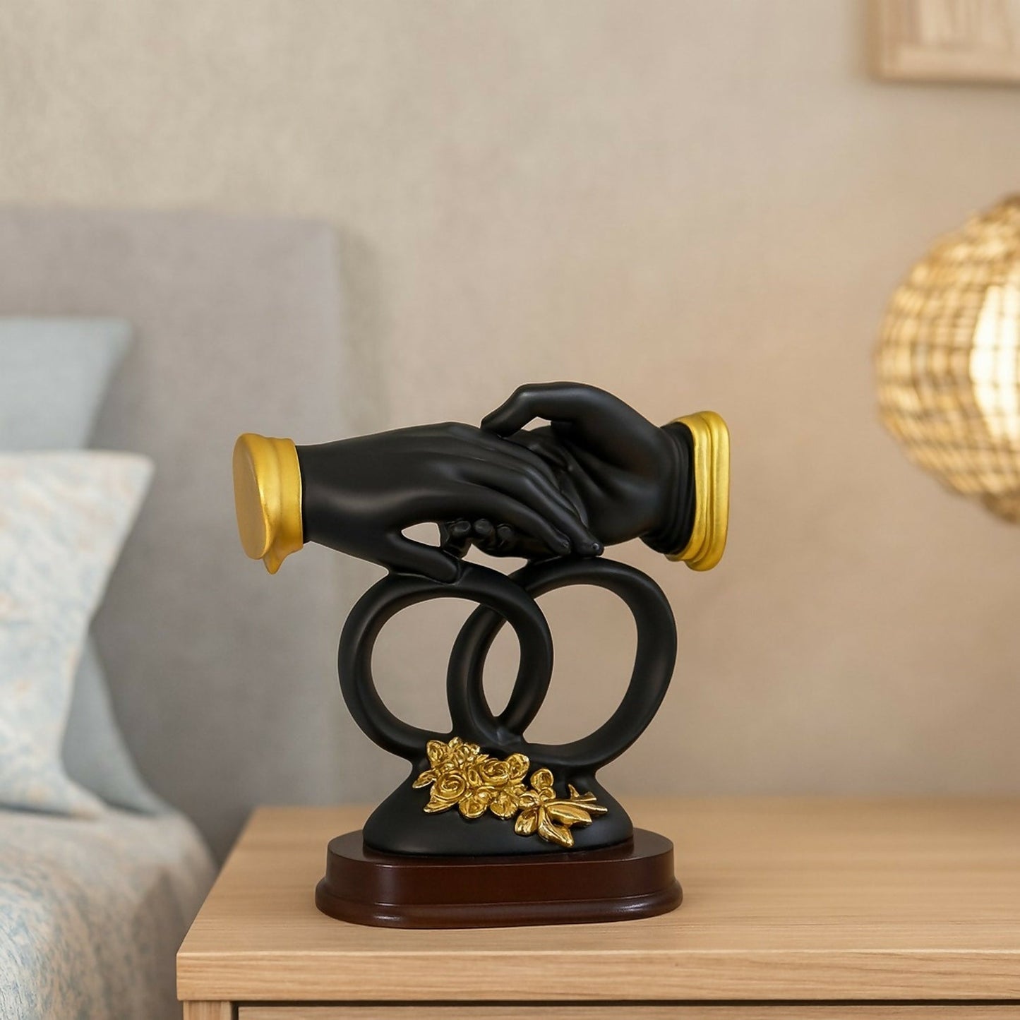 Luxury Black & Gold Handshake Figurine with Interlocked Rings & Floral Base | Romantic Couple Holding Hands Showpiece for Home DÃ©cor, Wedding Gift, Anniversary Gift, Office Desk & Living Room Decoration