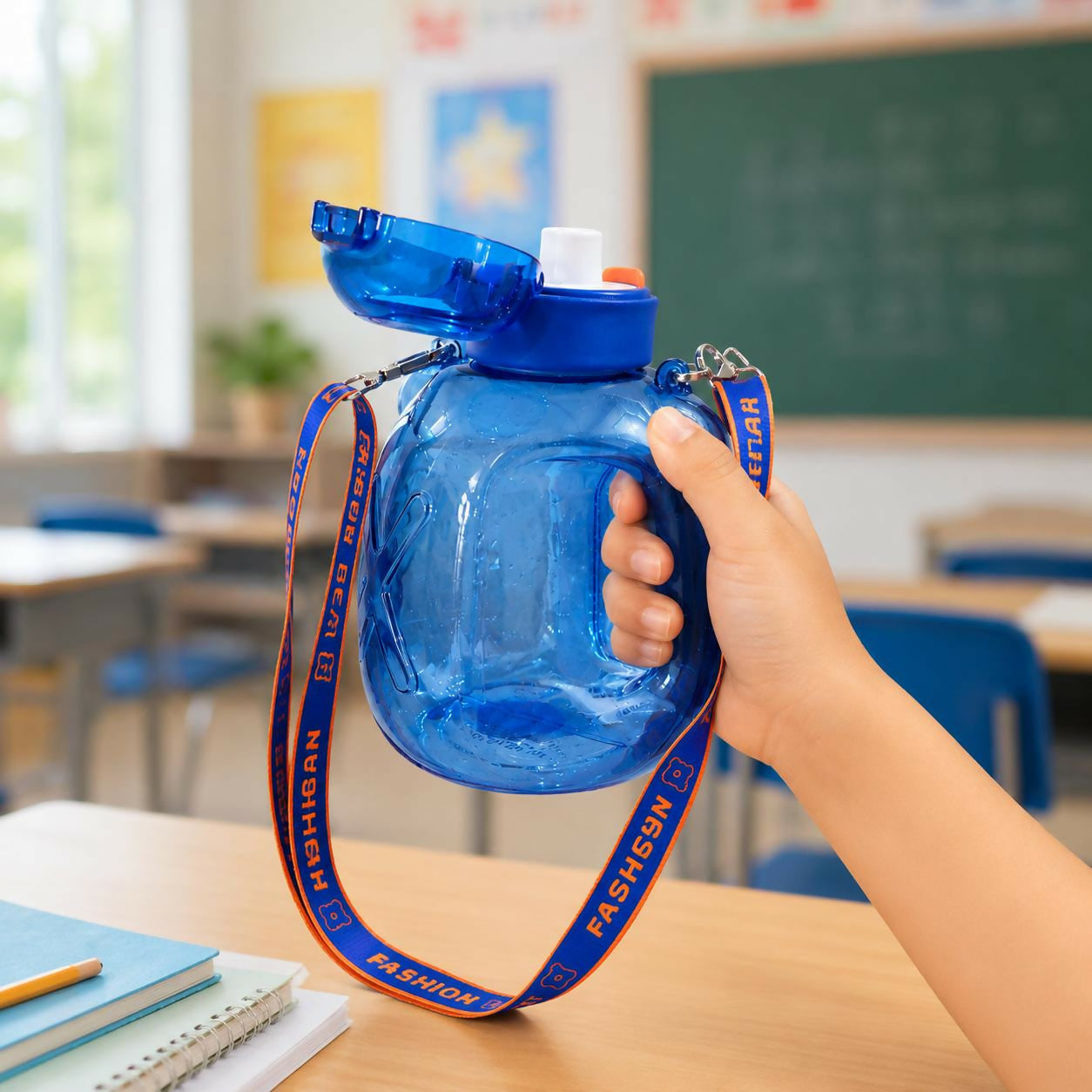Blue 1200 ML Kids Bear Water Bottle with Straw & Adjustable Sling Strap