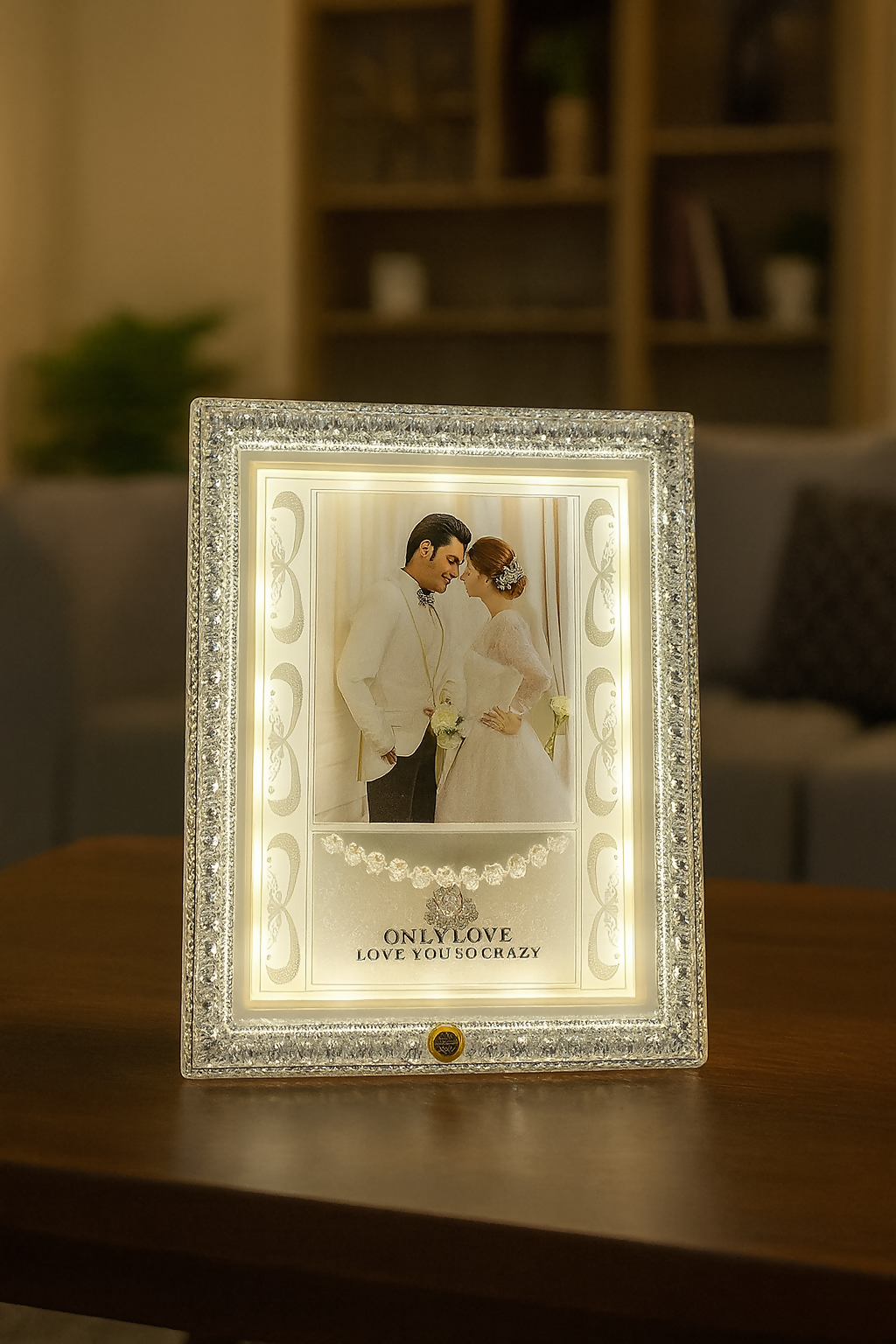 Square White Crystal LED Wedding Photo Frame | Elegant Illuminated Picture Frame with Sparkling Border | 4x6 Inch Couple Photo Frame | Romantic Gift for Wedding, Anniversary, Valentineâ€™s Day & Home DÃ©cor