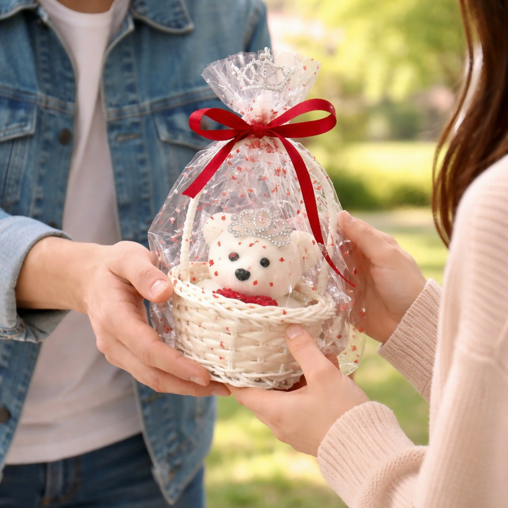 White Cute Teddy Basket Gift Set with Crown Decorative Showpiece