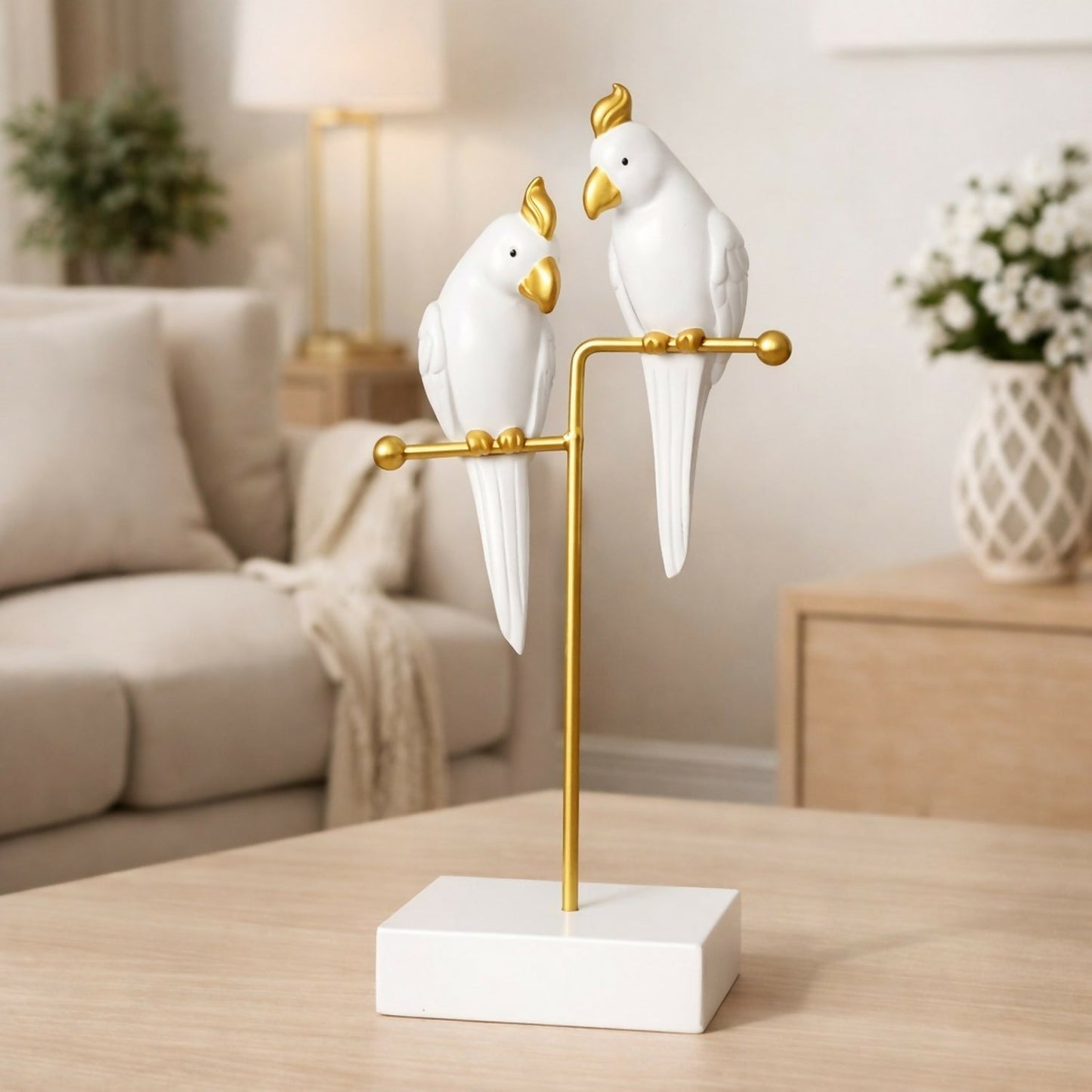 White & Gold Love Birds Decorative poly-resin Showpiece for Home & Office DÃ©cor