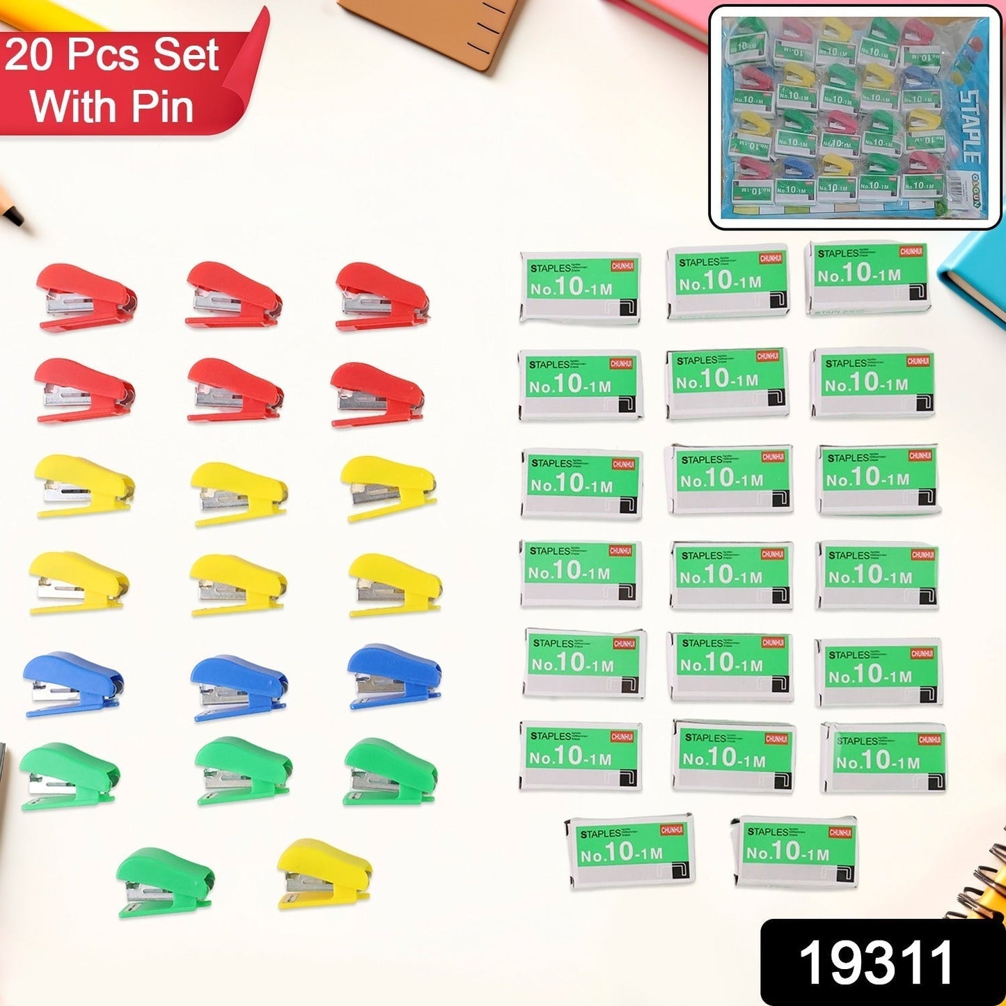 Mini Stapler Set  with Staples â€“ Assorted Colors | No.10 Staplers with Pins (20 pcs Set)