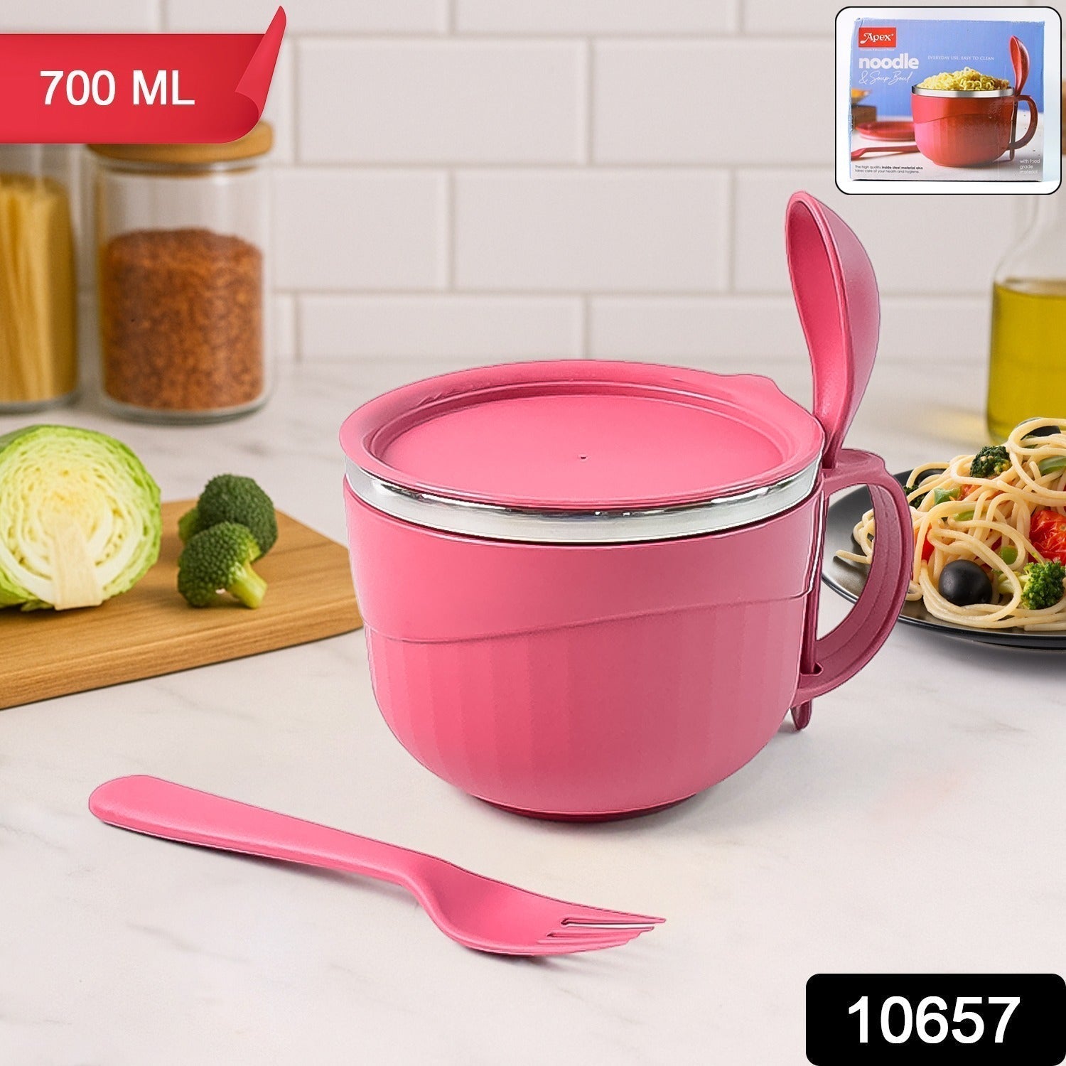 Apex Premium 700 ML Multipurpose Noodle Bowl with Handle, Lid and Fork
