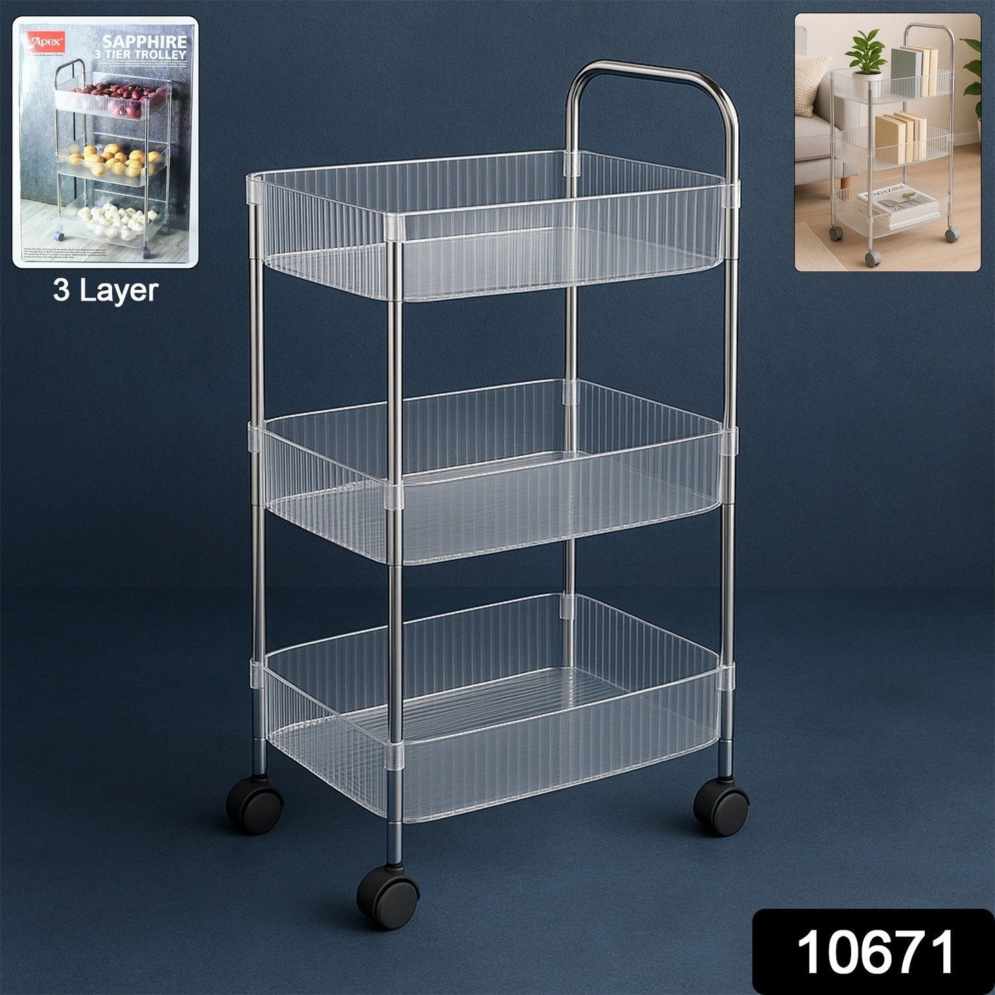 Apex Sapphire 3-Layer Multipurpose Storage Trolley with Wheels
