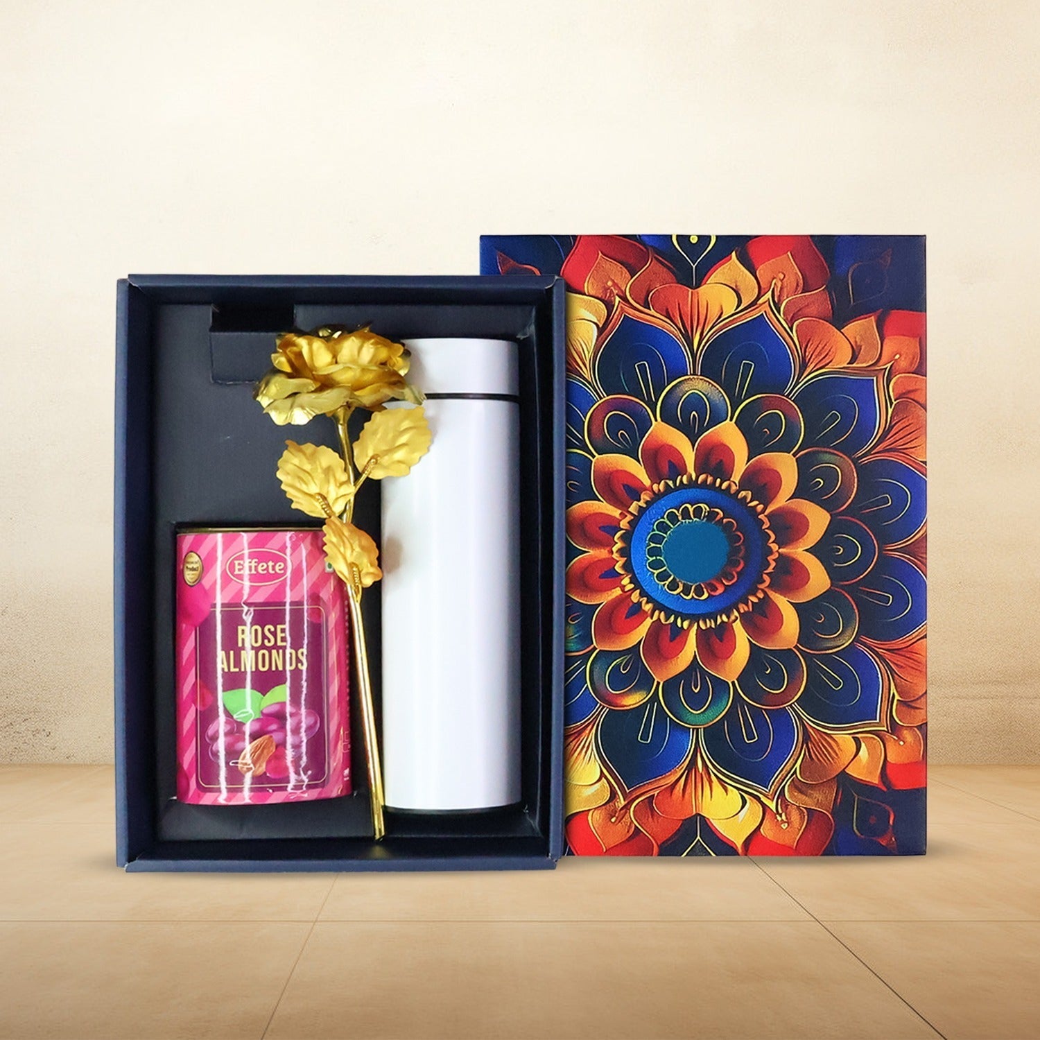 Effete Rose Almonds Gift Hamper, Golden Rose With Bottle (3 Pc Set), Mix Color