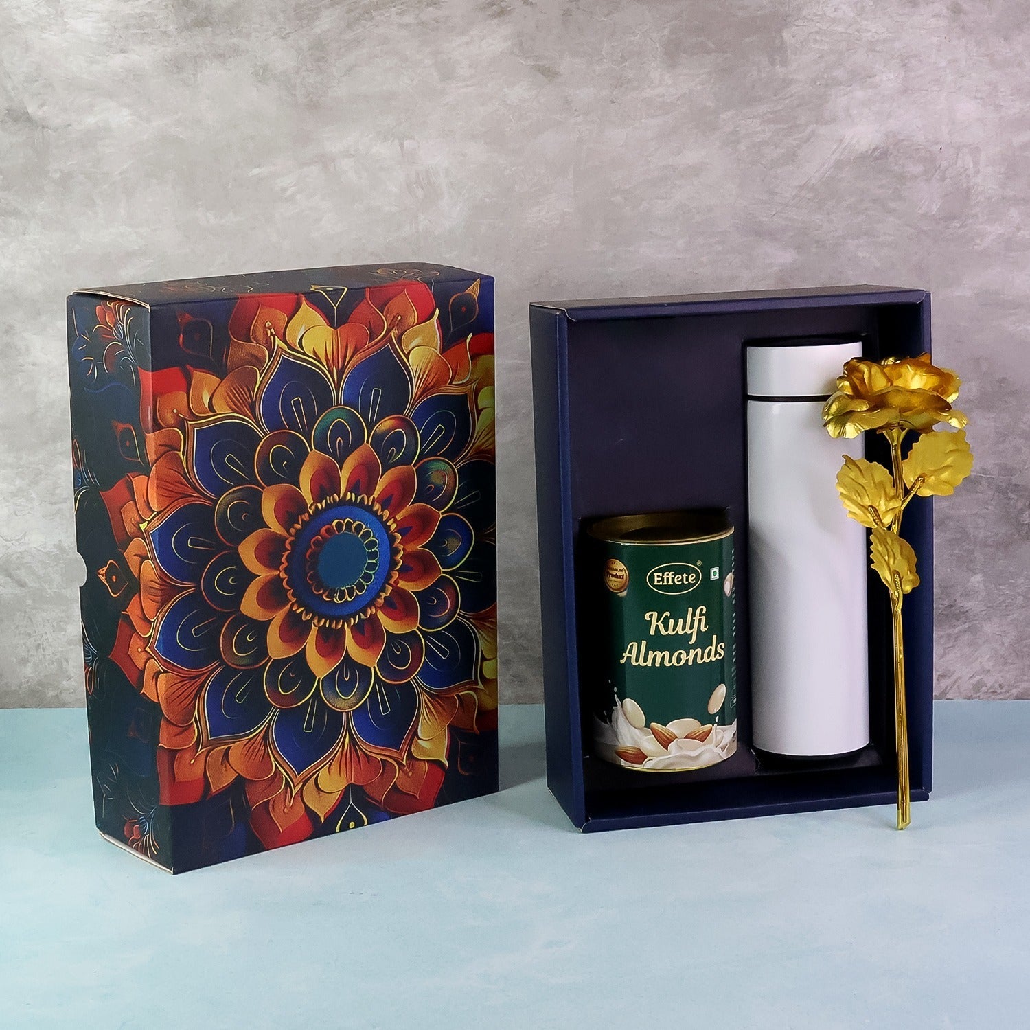Effete Kulfi Almonds Gift Hamper, Golden Rose With Bottle (3 Pc Set), Mix Color