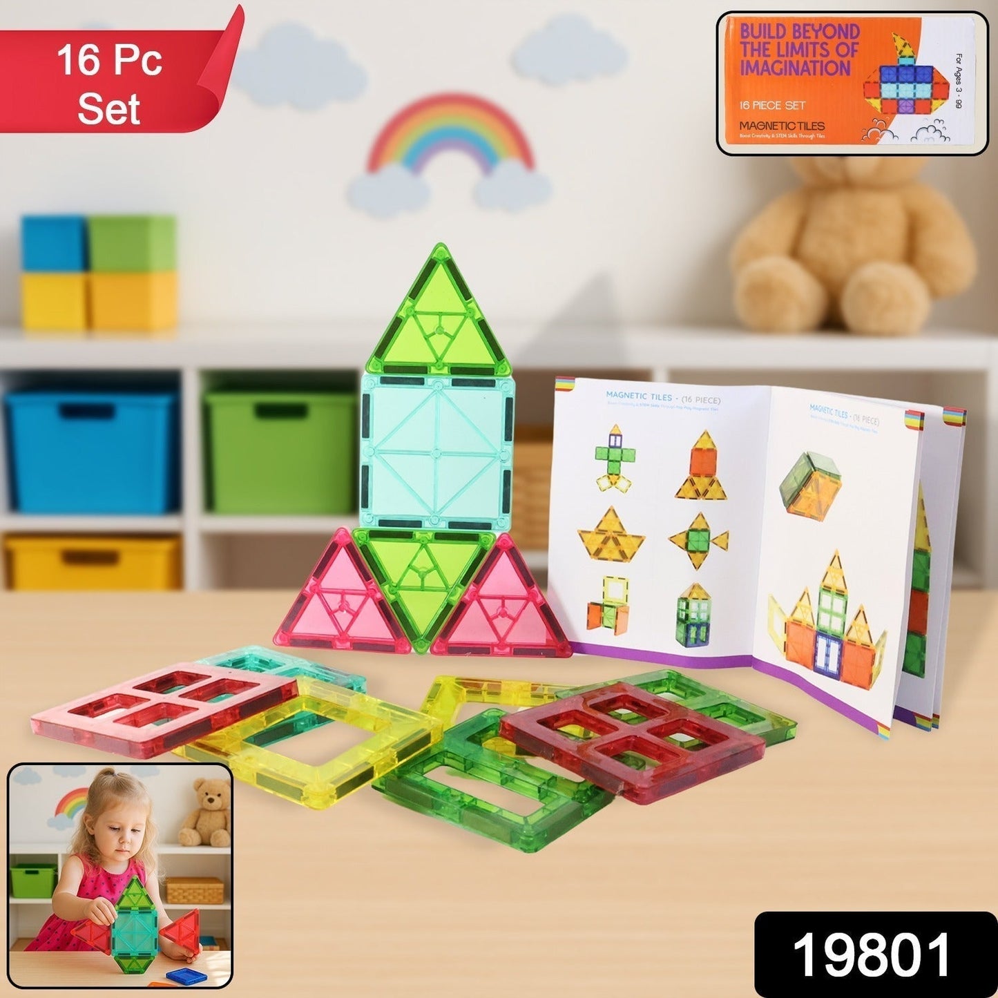Magnetic Building Tiles Construction Toy Set (16 Pc / Set)