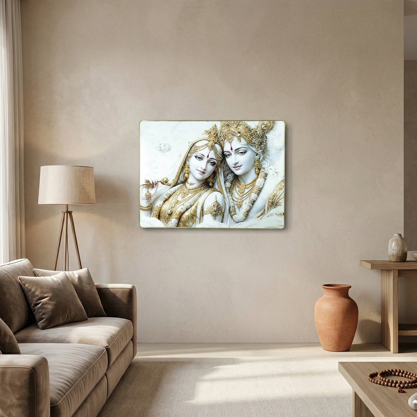 Premium Radha Krishna Royal White Gold Finish Wall Art Frame (1 Pc, 60x45 Cm)
