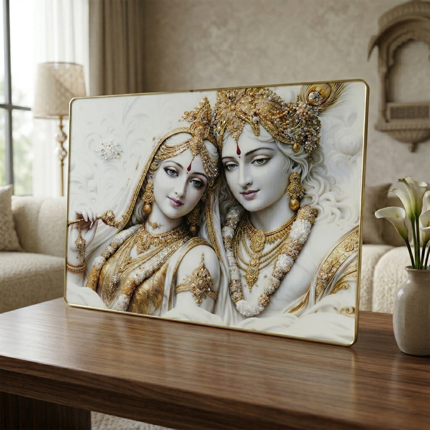 Premium Radha Krishna Royal White Gold Finish Wall Art Frame (1 Pc, 60x45 Cm)