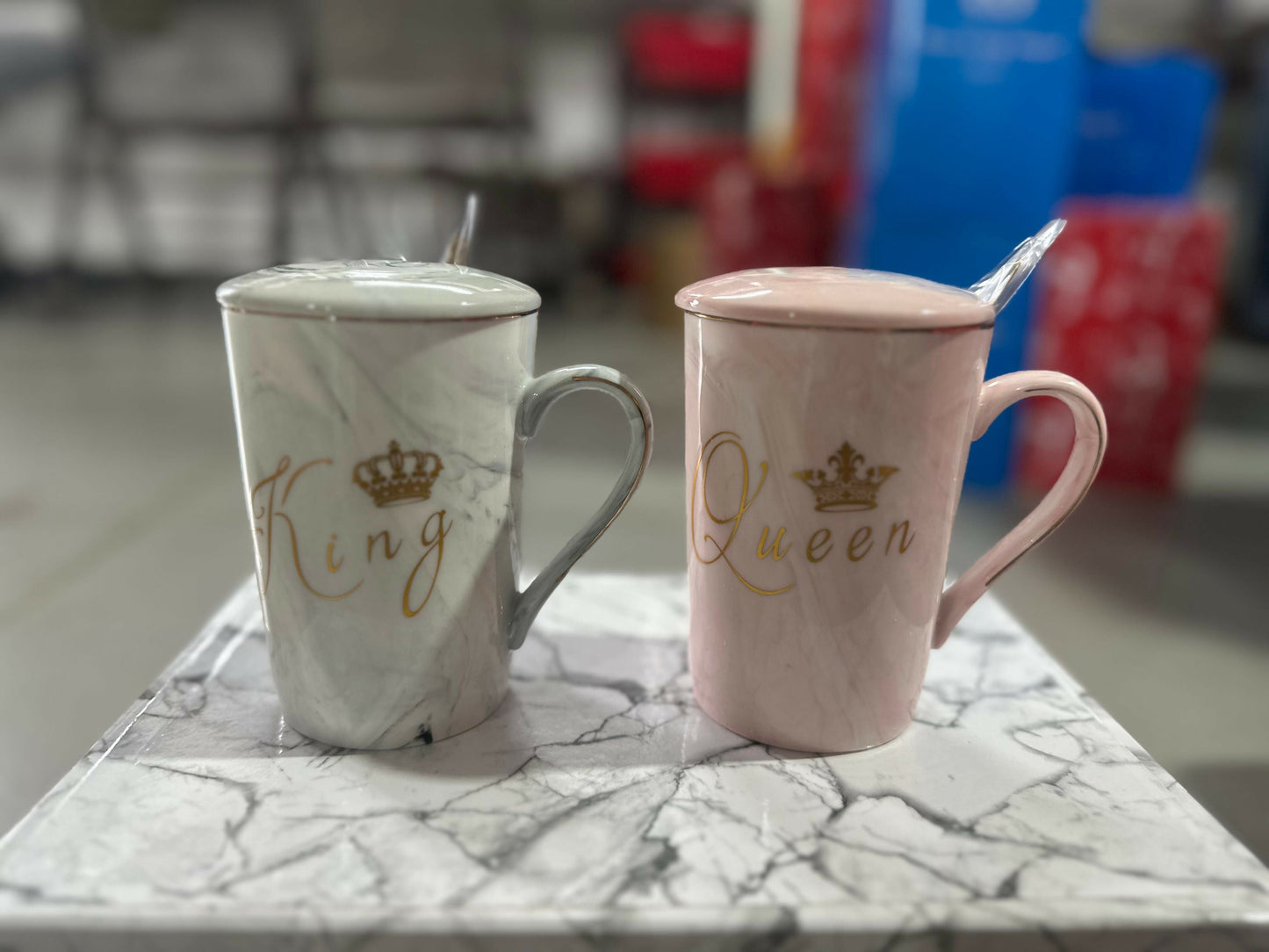 King & Queen Coffee Mug Set with Lids & Spoons | Marble Ceramic Cups for Couples | Luxury Gold Crown Print Tea & Coffee Mug Gift Set for Anniversary, Wedding, Valentineâ€™s Day, Husband & Wife