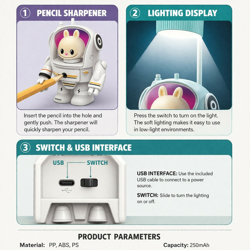Astronaut Desk Lamp with Pencil Sharpener & LED Light for Kids