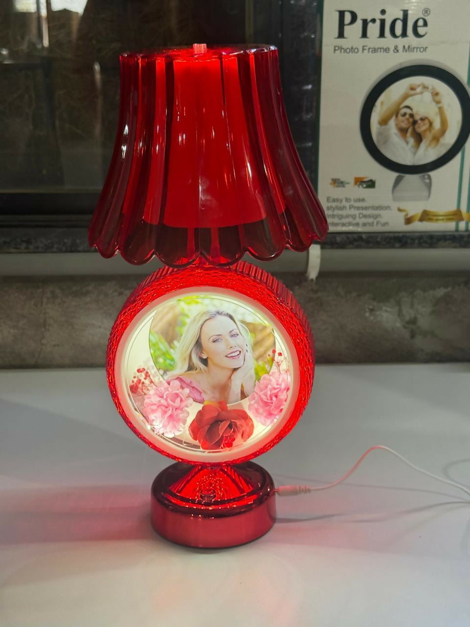 Red Round Photo Table Lamp with Shade for Bedroom, Side Table & Gift Decor