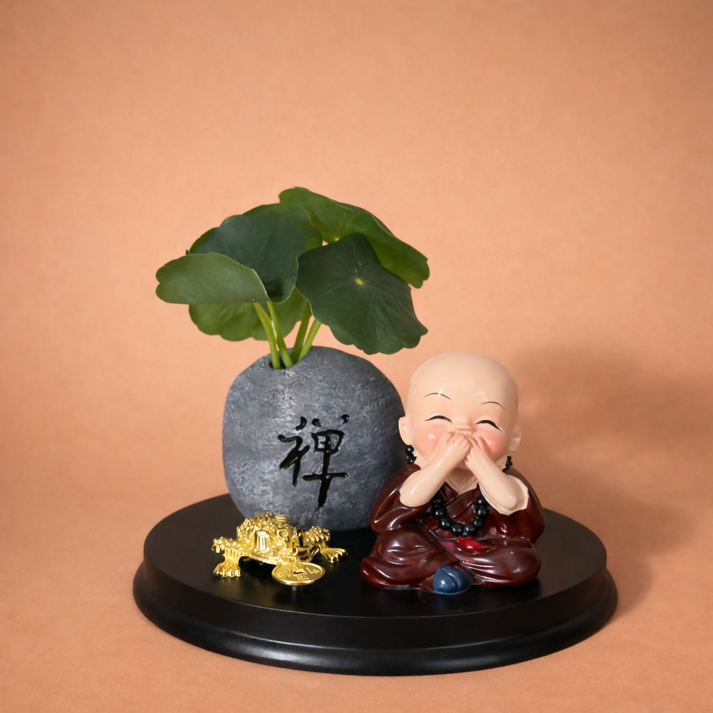 Zen Monk Showpiece with Lucky Money Frog & Mini Planter â€” Home & Office Decor(ANY COLOR)