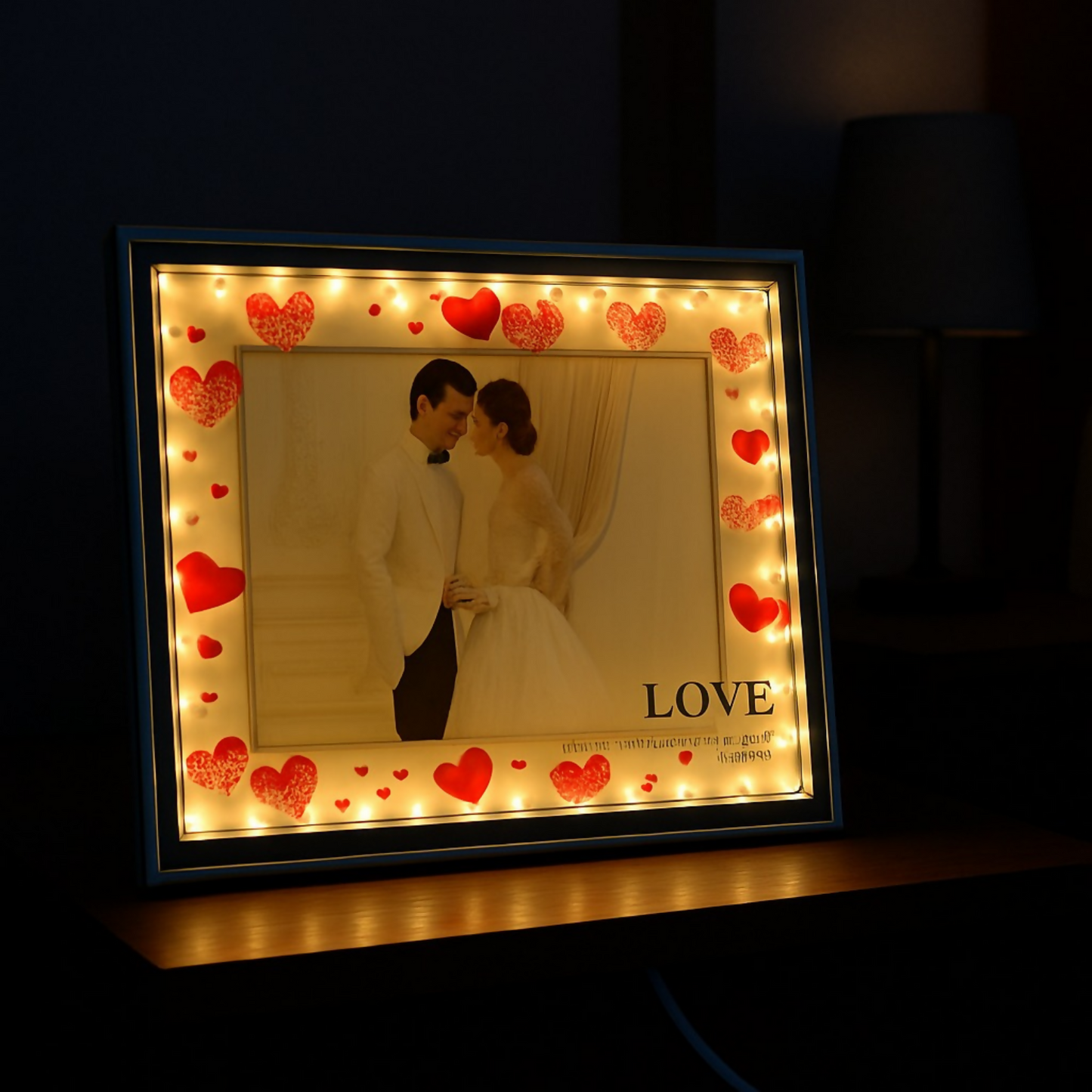 Romantic Heart-Themed LED Photo Frame for Couples | Warm Light Illuminated 5x7 Picture Frame with Red Heart Decorations | Anniversary, Wedding & Valentine Gift for Partner | Tabletop Decorative Night Lamp â€“ USB Powered