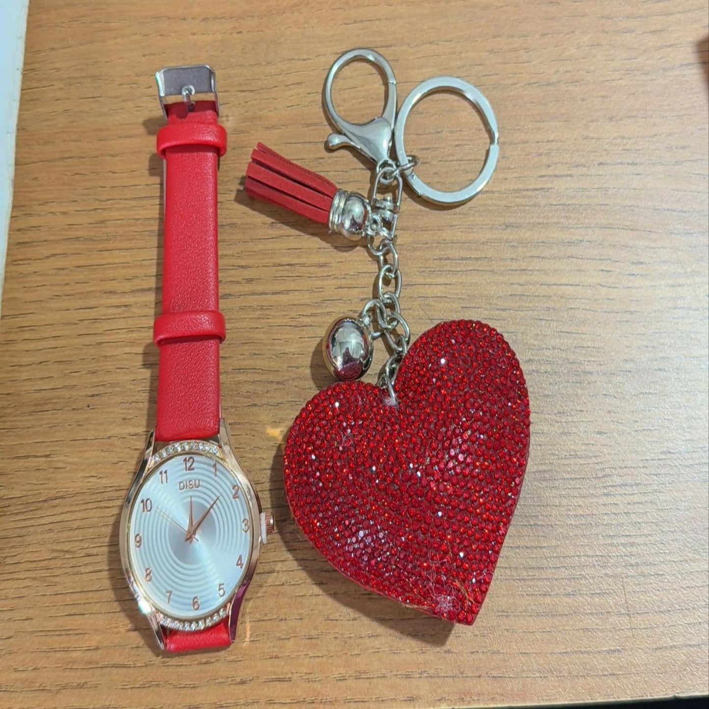 Stylish Leather Strap Analog Watch with Sparkling Heart Keychain