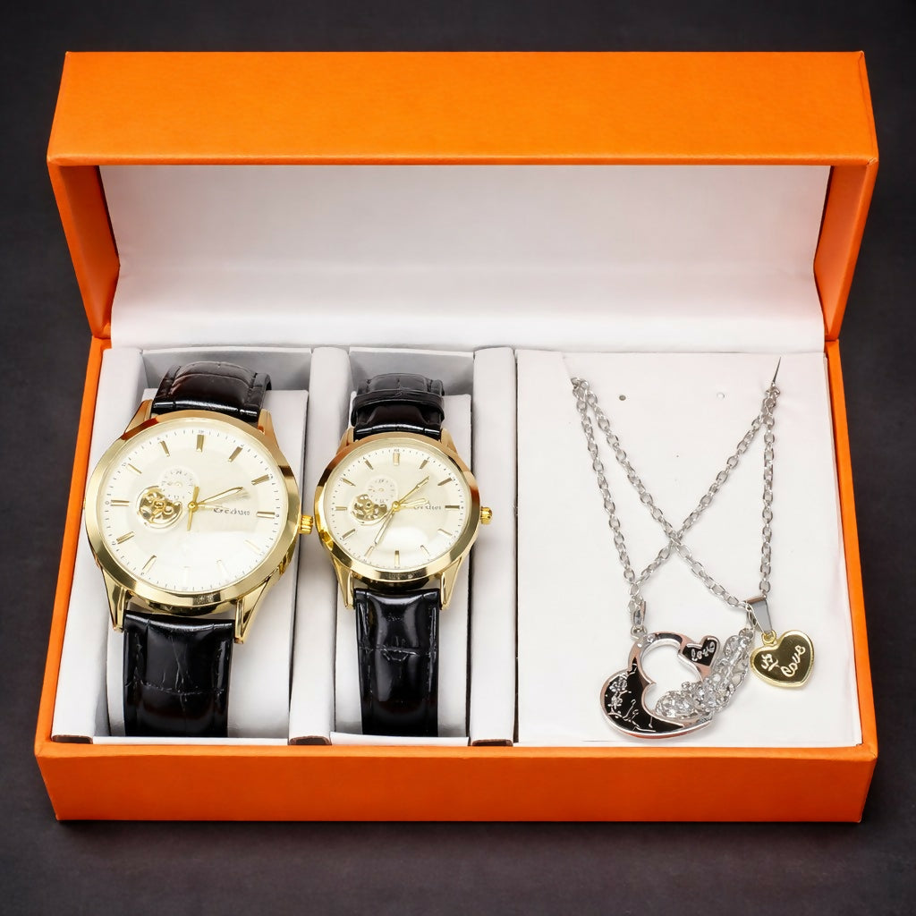 Couple Watch Set with Necklace Gift Box Luxury Combo