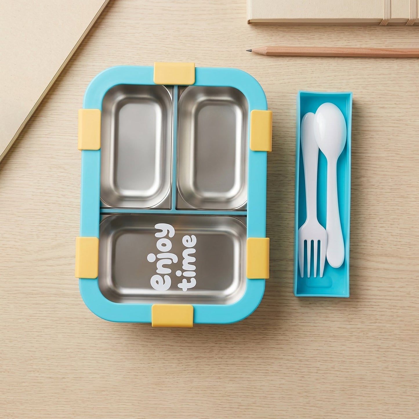 Airtight 3 Compartment Stainless Steel Lunch Box with Spoon & Fork – 600ml