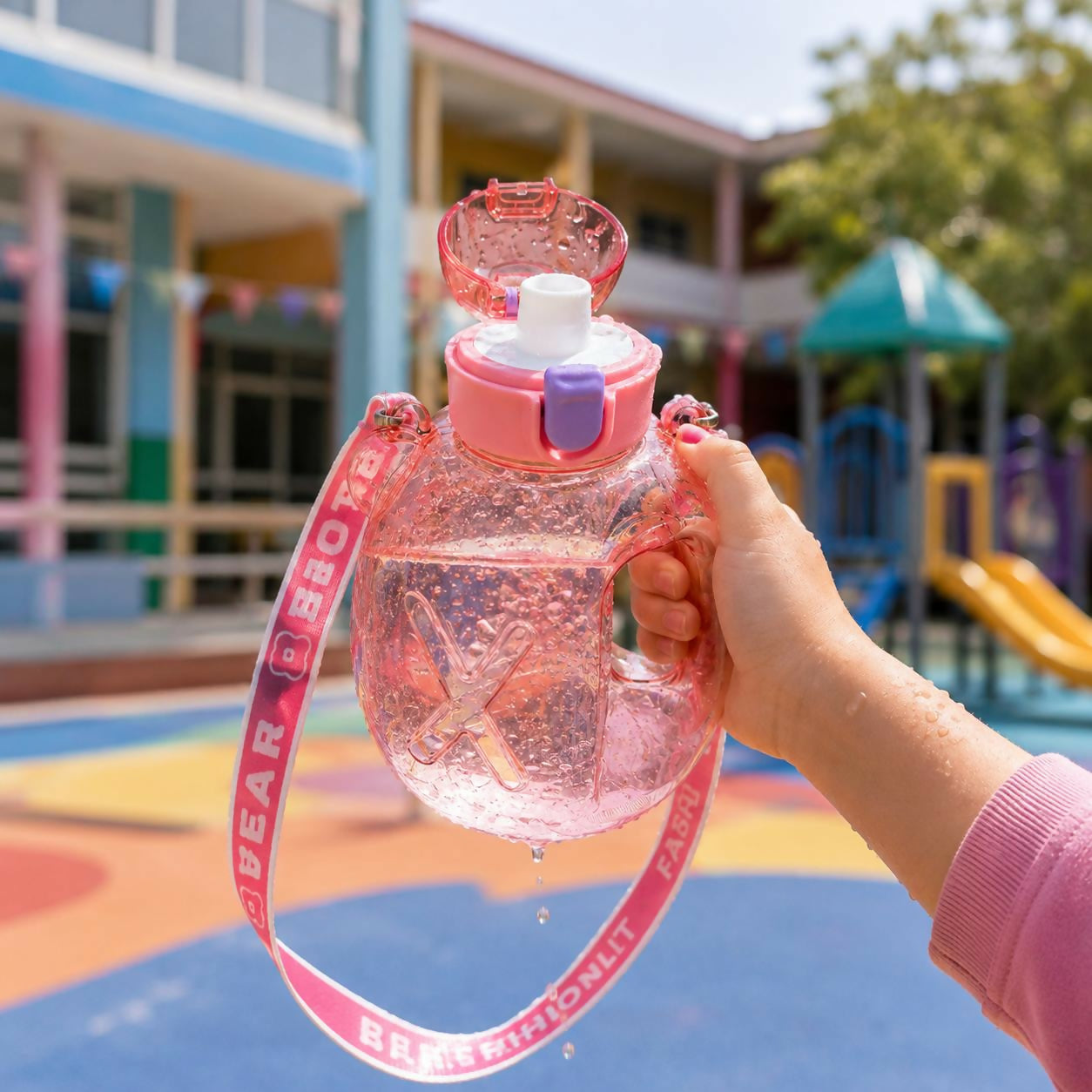 Kids Bear Shape Water Bottle with Straw & Adjustable Sling Strap