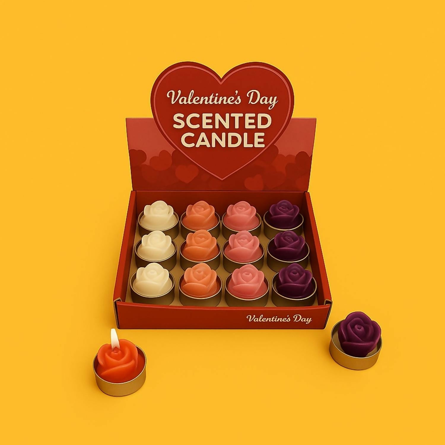 Set of 12 Valentineâ€™s Day Rose Scented Candles â€“ Romantic Decorative Aromatherapy Tea Light Candles for Home, Bedroom, Spa, Parties, Weddings, and Gifting â€“ Multicolor Flower Design