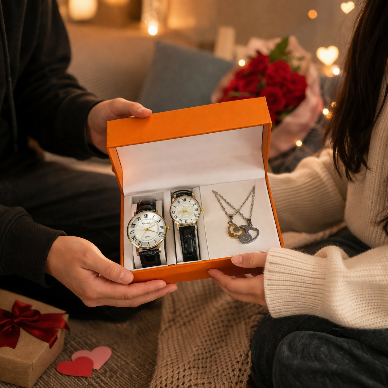 Couple Watch Set with Necklace Gift Box Luxury Combo
