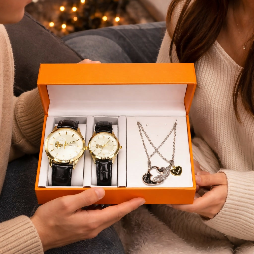 Couple Watch Set with Necklace Gift Box Luxury Combo