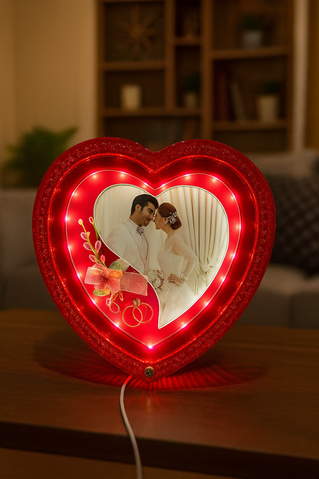 Heart-Shaped LED Wedding Photo Frame | Glowing Red Decorative Picture Frame with Floral Design & Rings | 4x6 Inch Couple Photo Frame | Romantic Gift for Anniversary, Valentineâ€™s Day, Wedding & Home DÃ©cor