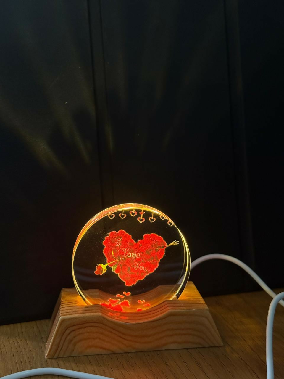 I Love You Heart Acrylic LED Lamp with Wooden Base Romantic Gift Light
