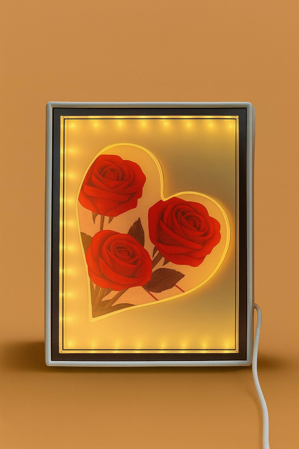LED Rectangle Photo Frame with Heart and Red Roses Design