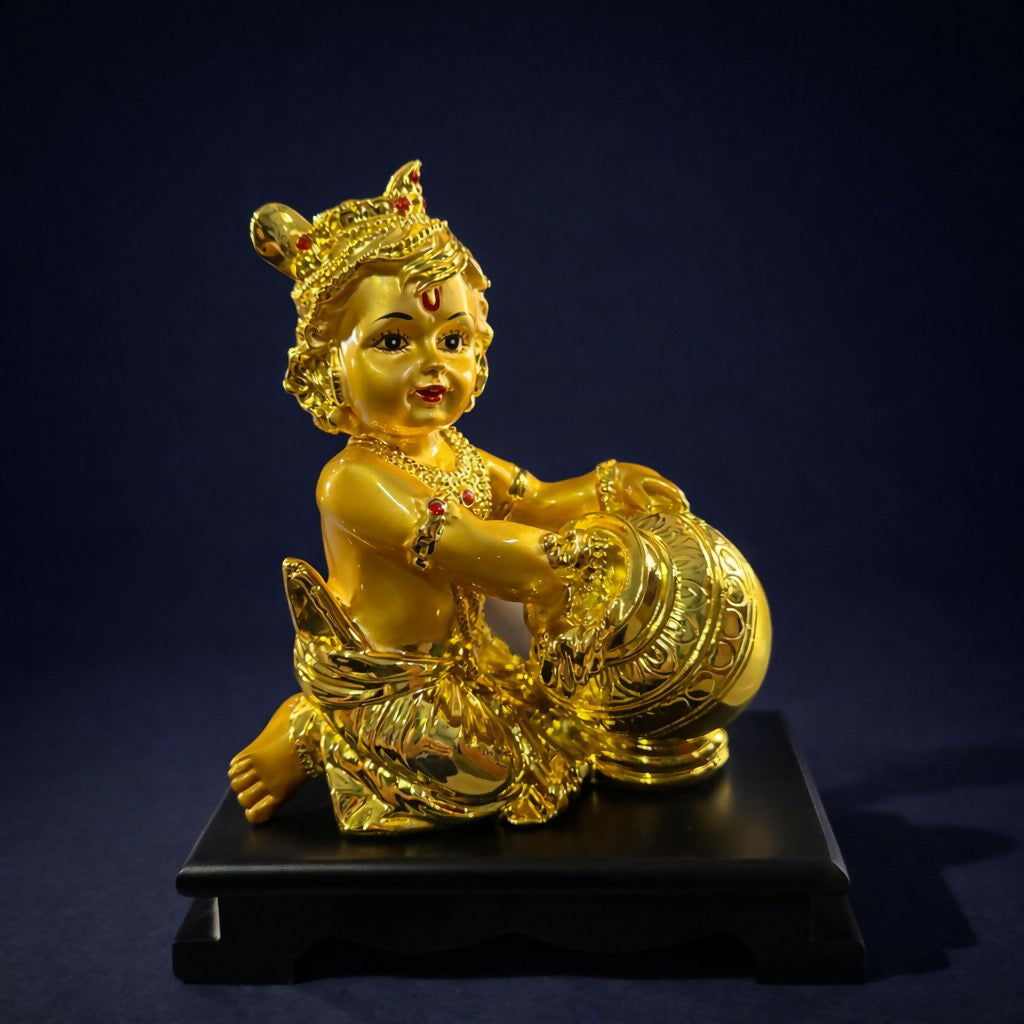 Bal Krishna Butter Pot Idol Golden Finish Statue for Home Temple Decor