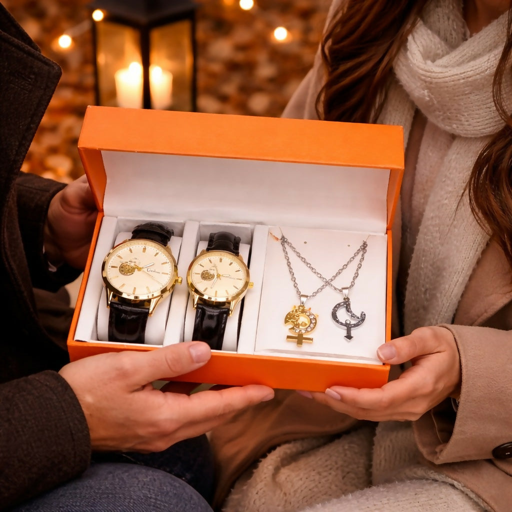 Couple Watch Set with Necklace Gift Box Luxury Combo