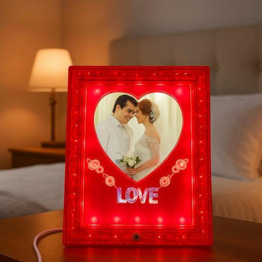 Red Heart Shape LED Photo Frame Lamp with Love Text | Romantic Couple Night Light with Customized Picture | Decorative Wedding Anniversary Valentine Gift Table Lamp for Bedroom & Home DÃ©cor