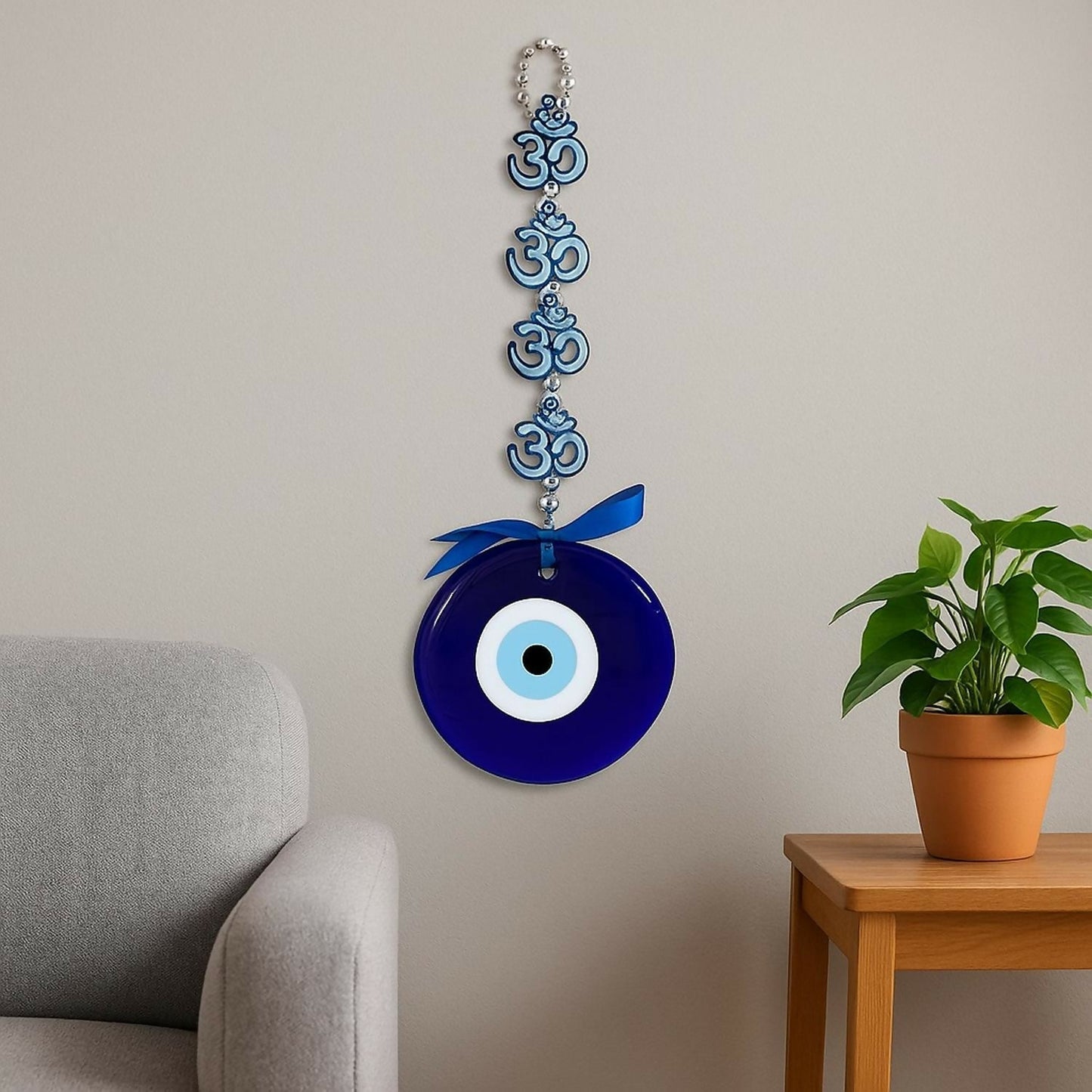Evil Eye Wall Hanging with Blue Lotus & Om Nazar Battu for Home Office Car Decor