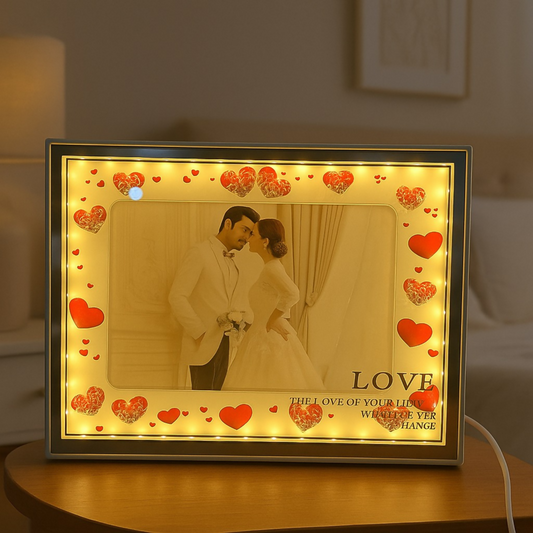 Romantic Heart-Themed LED Photo Frame for Couples | Warm Light Illuminated 5x7 Picture Frame with Red Heart Decorations | Anniversary, Wedding & Valentine Gift for Partner | Tabletop Decorative Night Lamp â€“ USB Powered