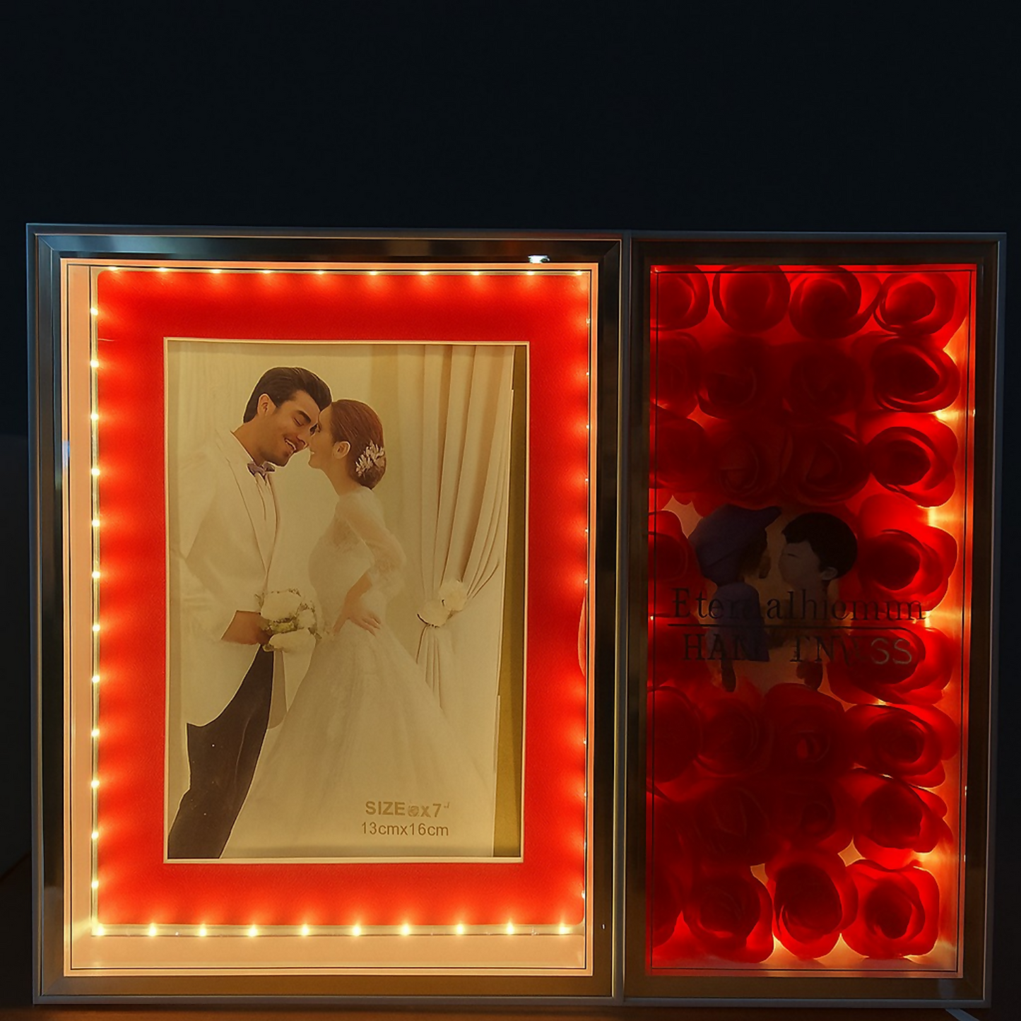 Romantic Dual-Panel LED Photo Frame with Rose Box | Warm Light 5x7 Inch Photo Frame for Couples, Anniversary, Wedding & Home Decor | Illuminated Foldable Love Frame with Artificial Roses â€“ USB Powered Gift for Partner