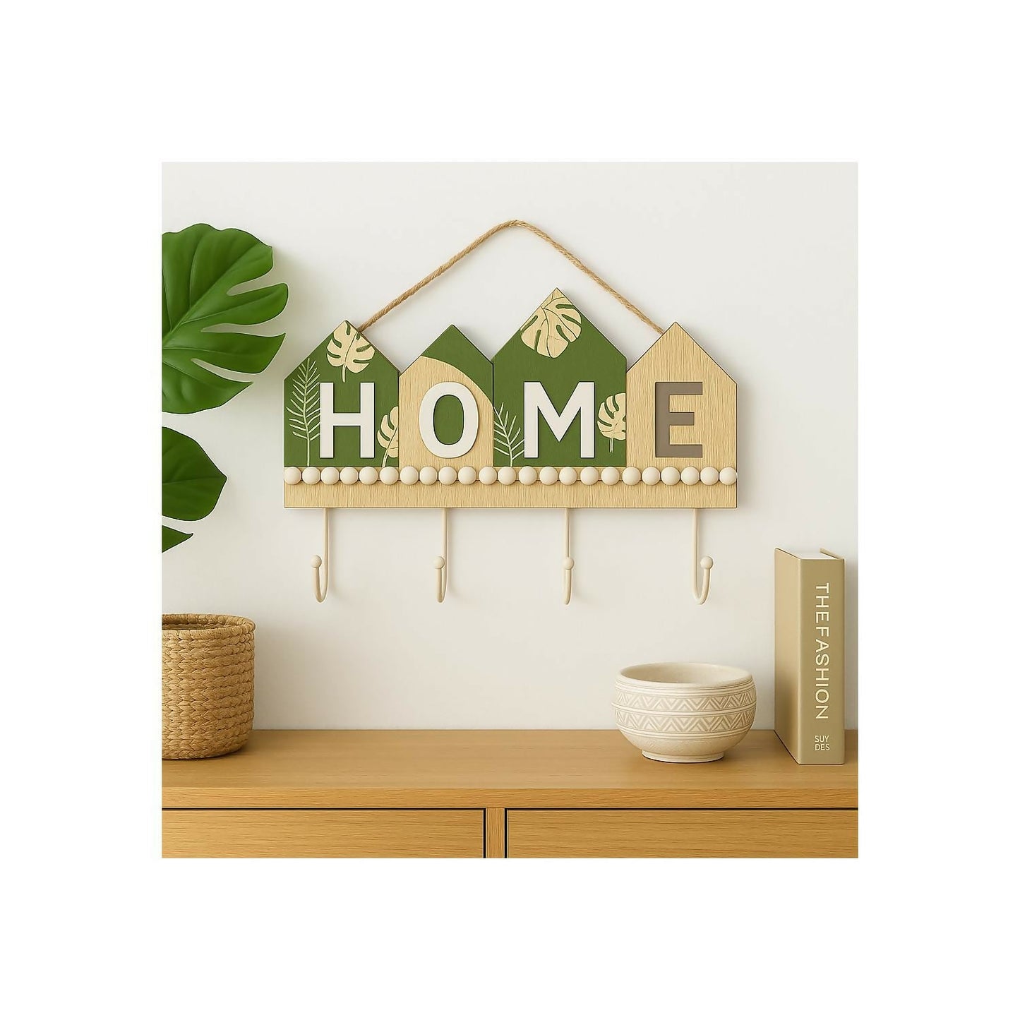 Rustic Wooden Wall Key Holder with â€œHOMEâ€ Letter Design â€“ Decorative Wall Hanging with 4 Sturdy Hooks and Rope Hanger â€“ Ideal for Entryway, Living Room, Kitchen, Bedroom, Office, and Housewarming Gifting