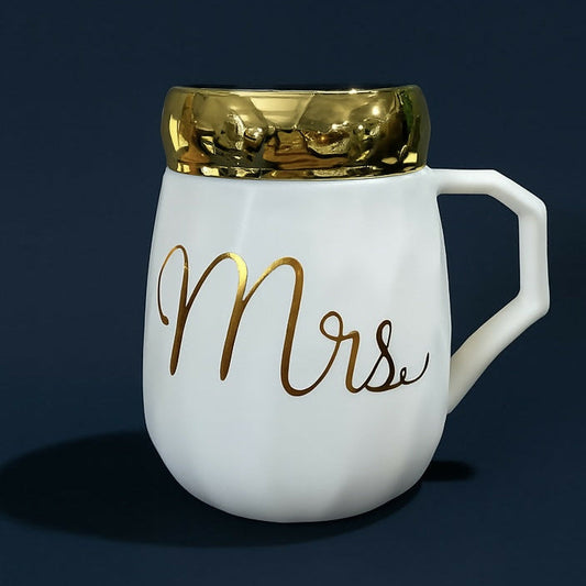 Mrs Ceramic Mug with Golden Lid â€“ White Coffee Cup Gift for Women