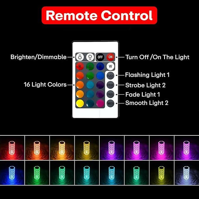 Crystal Diamond Table Lamp with Remote Control â€“ Rechargeable Touch LED Night Light for Bedroom, Living Room & Romantic Decor â€“ Multicolor Ambient Lighting for Parties, Gifts, and Home Interior Accents