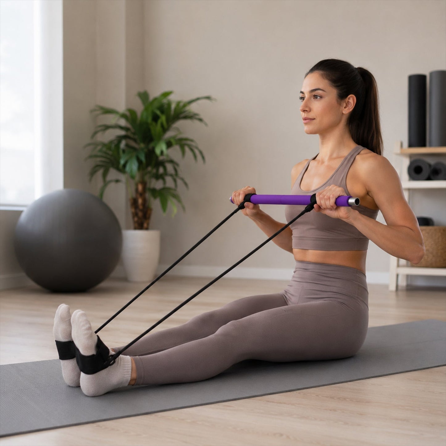 Fitness Exercise Tube Rod Gym Equipment Pilates Bar with Resistance Bands (2 Pc)