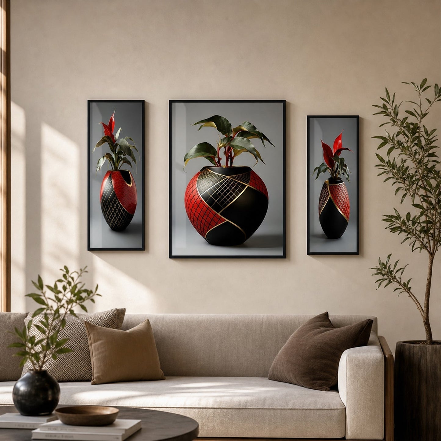 Flower Vase 3 Panel MDF Wall Frame Home Decor Floral Art 16.5x12in (1 Pc)