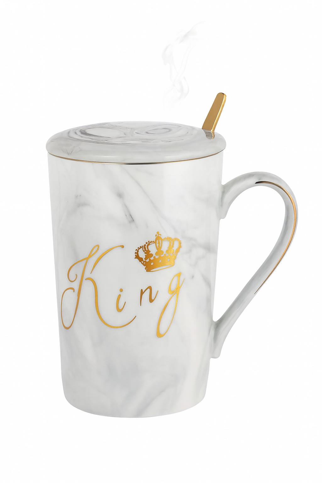 King & Queen Coffee Mug Set with Lids & Spoons | Marble Ceramic Cups for Couples | Luxury Gold Crown Print Tea & Coffee Mug Gift Set for Anniversary, Wedding, Valentineâ€™s Day, Husband & Wife