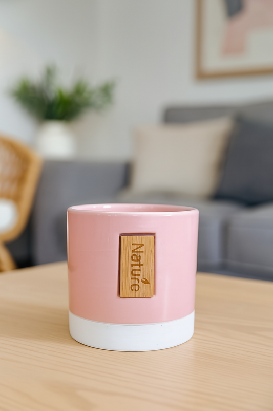 Nature-Inspired Pink Ceramic Planter Pot with Wooden Tag