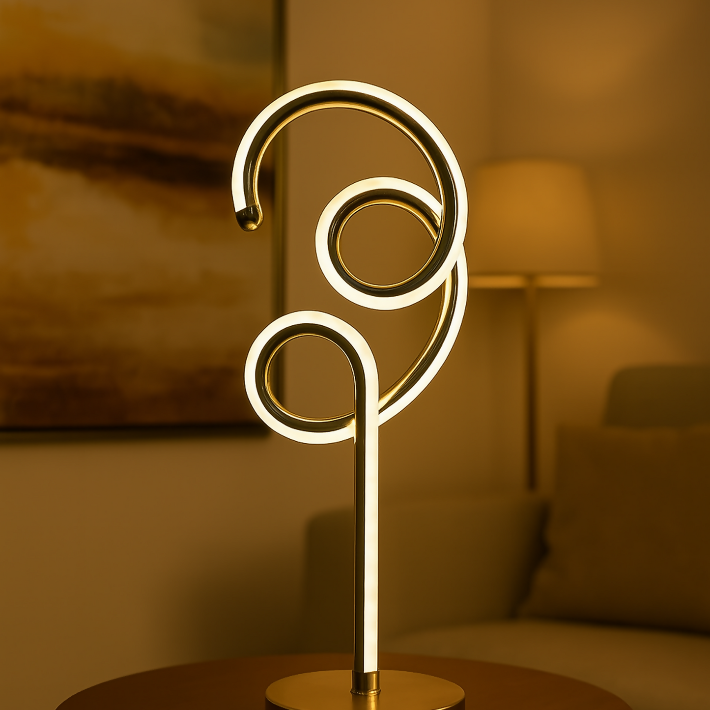 Modern Luxury Spiral LED Table Lamp for Home DÃ©cor | Golden Metal Artistic Spiral Design Ambient Light | Warm LED Mood Night Lamp for Bedroom, Living Room, Side Table, Office Decoration | Energy-Efficient Decorative Desk Lamp