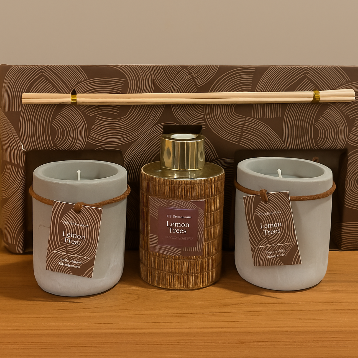 Lemon Trees Premium Aromatherapy Gift Set â€“ Scented Candle & Reed Diffuser Combo in Concrete Jars with Wooden Accents, Relaxing Home Fragrance Set for Living Room, Bedroom, Spa & Office DÃ©cor
