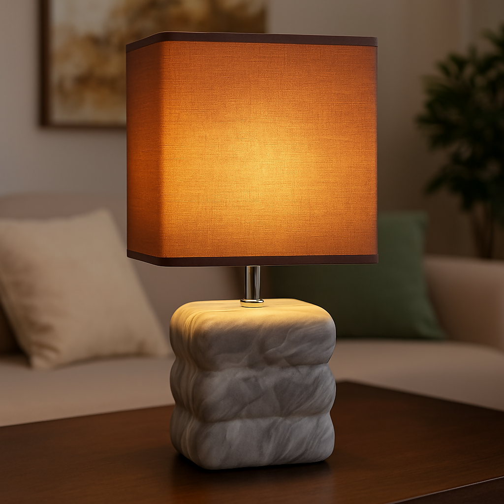 Modern Textured Grey Ceramic Table Lamp with Round Fabric Shade & Minimalist Metal Detailing | Luxury Bedside, Living Room & Study Night Lamp | Soft Ambient Lighting Decorative Home DÃ©cor Piece