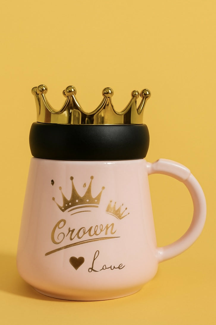Pink Ceramic â€œCrown Loveâ€ Mug with 3D Golden Crown Lid