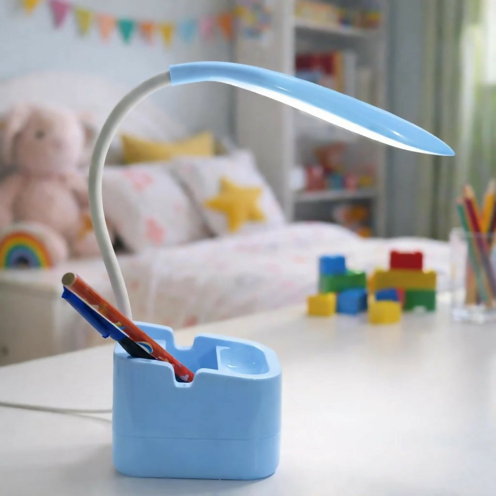 Blue LED Desk Lamp with Mobile Stand & Pen Holder, Flexible Study Light