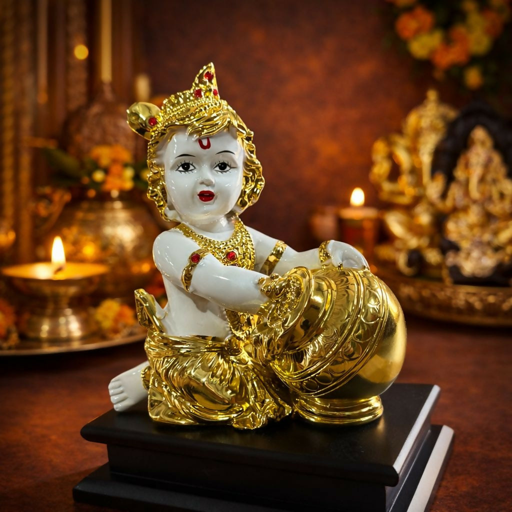 Bal Krishna Idol with Butter Pot Golden Showpiece for Home Temple DÃ©cor