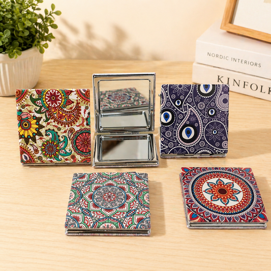 Pocket Folding Makeup Mirror Compact Travel Mirror with Designer Cover (Mix Any One)