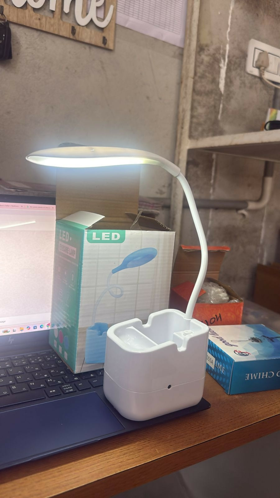 White LED Desk Lamp with Mobile Stand & Pen Holder, USB Charging Light