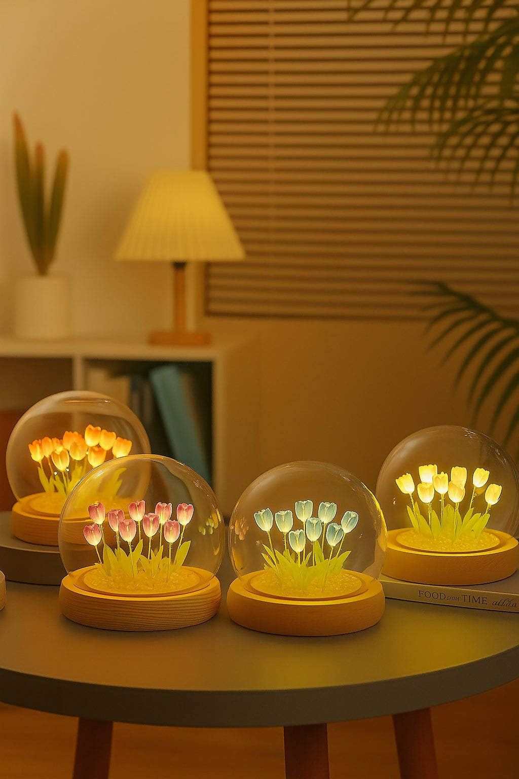 LED Blue Tulip Flower Dome Lamp with Wooden Base for Home Decor